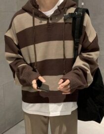 Mocha Stripe Pullover Hoodie – ฮู้ดดี้ลายทางมอคค่าซิปคอ